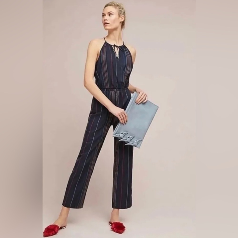 NWOT Anthropologie Dolan Stripe Multicolor Blue Tie Keyhole Front Jumpsuit small - Picture 4 of 12